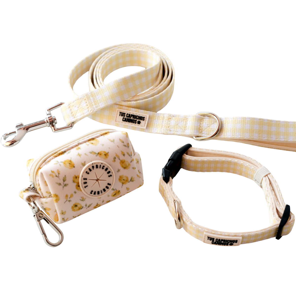 Pack collar + correa + porta bolsas VICHY BLOOM