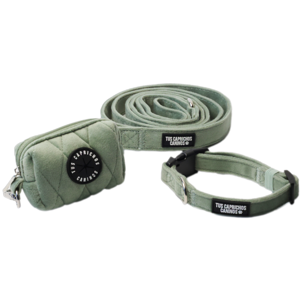 Pack collar + correa + porta bolsas Matcha Velvet