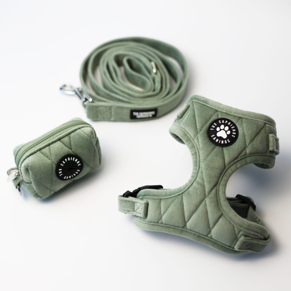 Pack arnés + correa + porta bolsas Matcha Velvet
